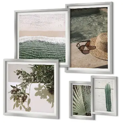 Conjunto de 5 quadros com moldura tema relaxamento com água e plantas de verão