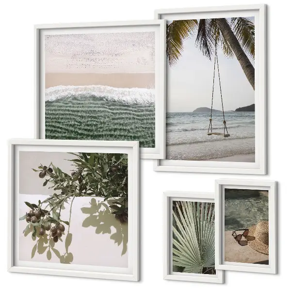 Conjunto de 5 quadros decorativos com estética de praias tropicais e natureza