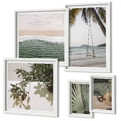 Conjunto de 5 quadros decorativos com estética de praias tropicais e natureza