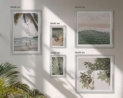 Conjunto de 5 quadros decorativos com estética de praias tropicais e natureza