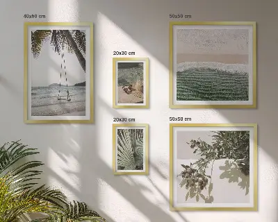 Conjunto de 5 quadros decorativos com estética de praias tropicais e natureza