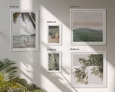 Conjunto de 5 quadros decorativos com estética de praias tropicais e natureza