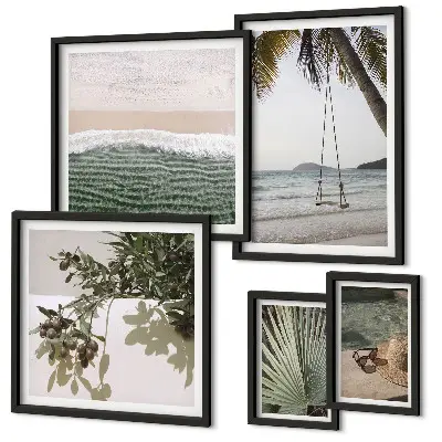 Conjunto de 5 quadros decorativos com estética de praias tropicais e natureza