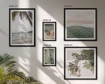 Conjunto de 5 quadros decorativos com estética de praias tropicais e natureza