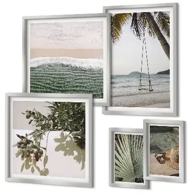 Conjunto de 5 quadros decorativos com estética de praias tropicais e natureza