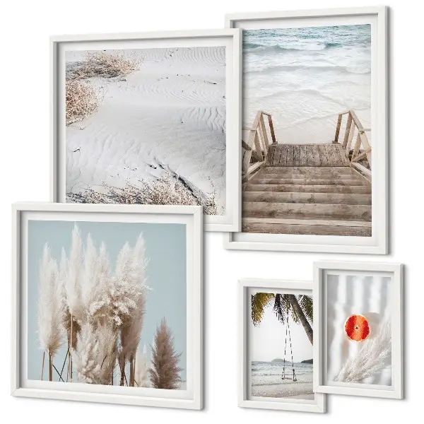 Conjunto de 5 quadros com moldura com vistas da praia e da natureza