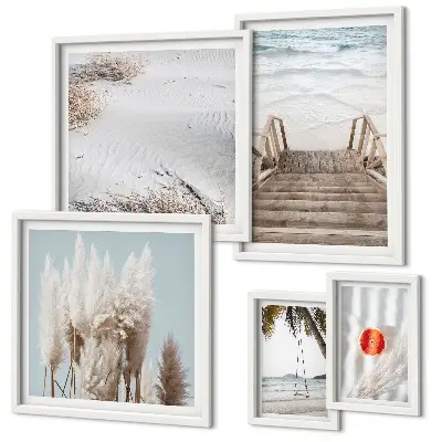 Conjunto de 5 quadros com moldura com vistas da praia e da natureza