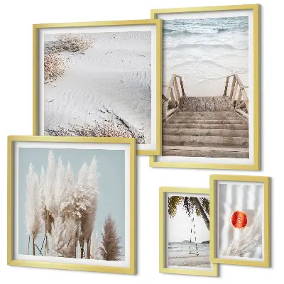 Conjunto de 5 quadros com moldura com vistas da praia e da natureza