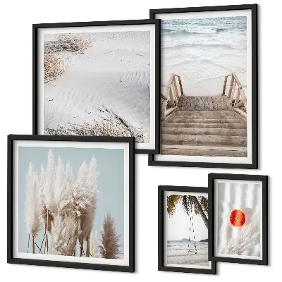 Conjunto de 5 quadros com moldura com vistas da praia e da natureza