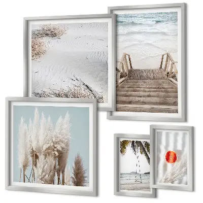 Conjunto de 5 quadros com moldura com vistas da praia e da natureza