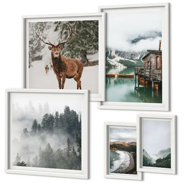 Conjunto de 5 quadros decorativos de natureza com montanhas e vida selvagem