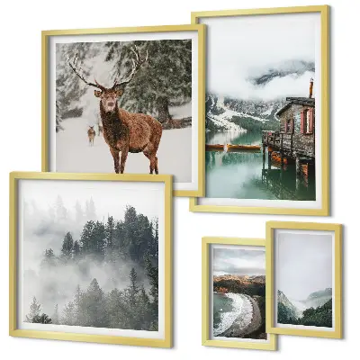 Conjunto de 5 quadros decorativos de natureza com montanhas e vida selvagem
