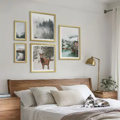 Conjunto de 5 quadros decorativos de natureza com montanhas e vida selvagem