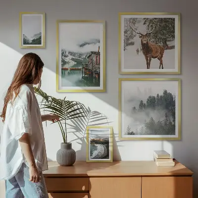 Conjunto de 5 quadros decorativos de natureza com montanhas e vida selvagem