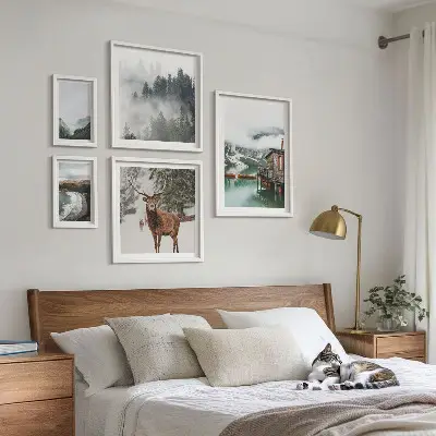 Conjunto de 5 quadros decorativos de natureza com montanhas e vida selvagem