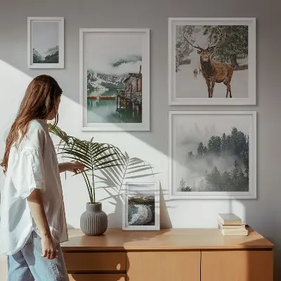 Conjunto de 5 quadros decorativos de natureza com montanhas e vida selvagem