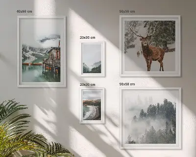 Conjunto de 5 quadros decorativos de natureza com montanhas e vida selvagem