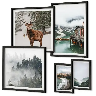 Conjunto de 5 quadros decorativos de natureza com montanhas e vida selvagem