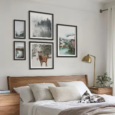 Conjunto de 5 quadros decorativos de natureza com montanhas e vida selvagem