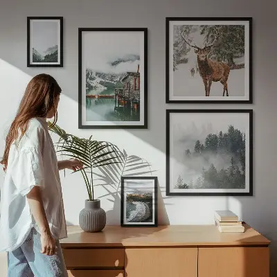 Conjunto de 5 quadros decorativos de natureza com montanhas e vida selvagem