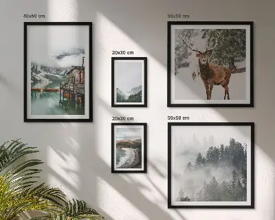 Conjunto de 5 quadros decorativos de natureza com montanhas e vida selvagem