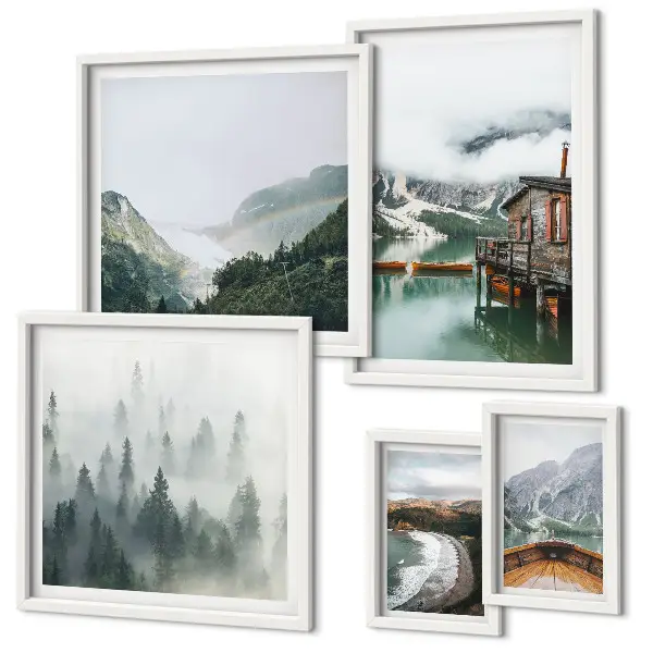Galeria de quadros para parede com paisagens de montanhas, casas e água