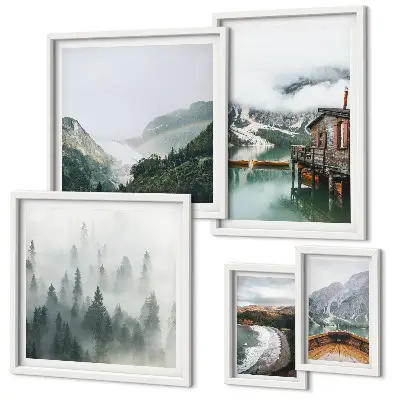 Galeria de quadros para parede com paisagens de montanhas, casas e água