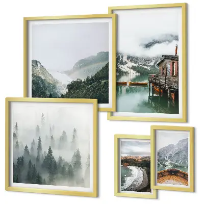 Galeria de quadros para parede com paisagens de montanhas, casas e água