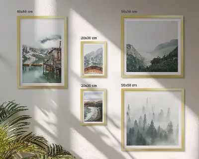 Galeria de quadros para parede com paisagens de montanhas, casas e água