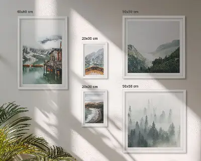 Galeria de quadros para parede com paisagens de montanhas, casas e água
