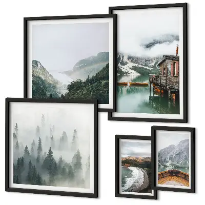 Galeria de quadros para parede com paisagens de montanhas, casas e água
