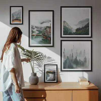 Galeria de quadros para parede com paisagens de montanhas, casas e água
