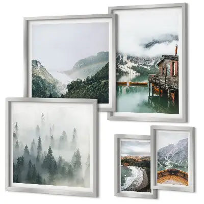 Galeria de quadros para parede com paisagens de montanhas, casas e água