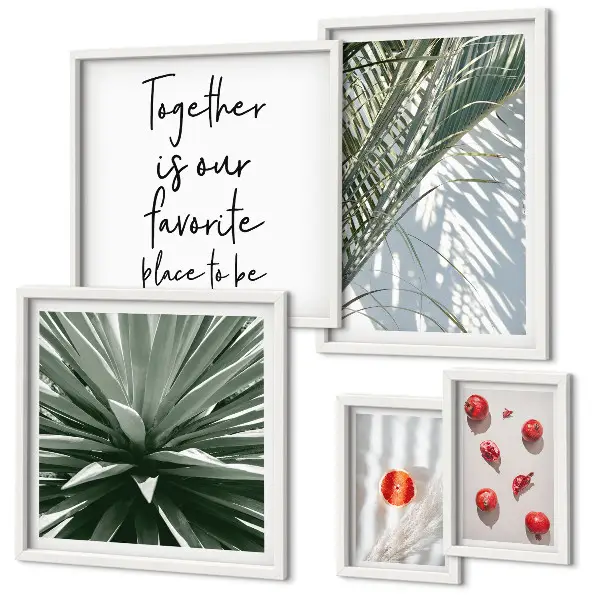 Conjunto de 5 quadros com moldura estilo boho com temas de plantas e frutas tropicais