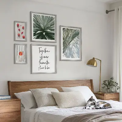Conjunto de 5 quadros com moldura estilo boho com temas de plantas e frutas tropicais