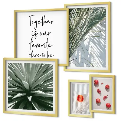 Conjunto de 5 quadros com moldura estilo boho com temas de plantas e frutas tropicais