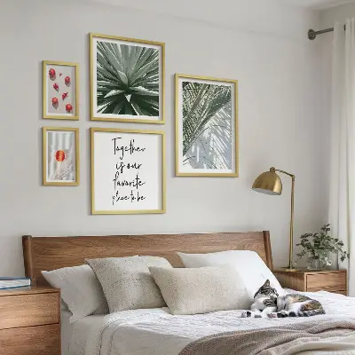 Conjunto de 5 quadros com moldura estilo boho com temas de plantas e frutas tropicais