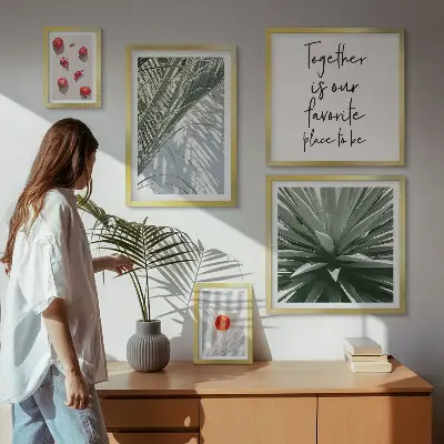 Conjunto de 5 quadros com moldura estilo boho com temas de plantas e frutas tropicais