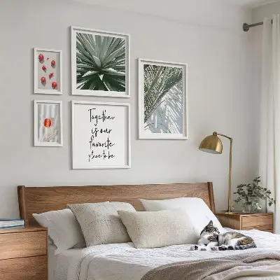 Conjunto de 5 quadros com moldura estilo boho com temas de plantas e frutas tropicais