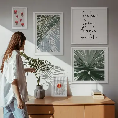 Conjunto de 5 quadros com moldura estilo boho com temas de plantas e frutas tropicais