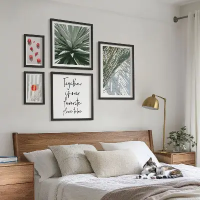 Conjunto de 5 quadros com moldura estilo boho com temas de plantas e frutas tropicais
