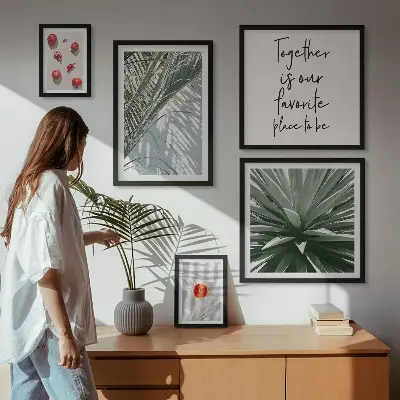 Conjunto de 5 quadros com moldura estilo boho com temas de plantas e frutas tropicais