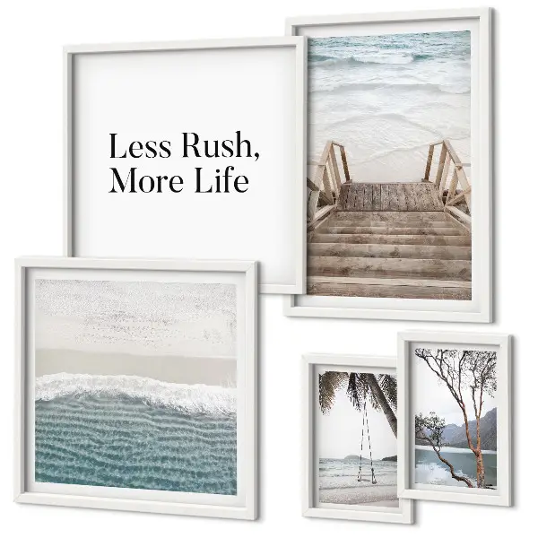 Conjunto de 5 quadros decorativos com tema de praias e vista para o mar