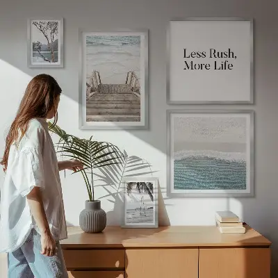 Conjunto de 5 quadros decorativos com tema de praias e vista para o mar