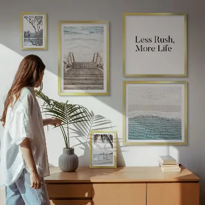 Conjunto de 5 quadros decorativos com tema de praias e vista para o mar