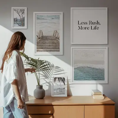 Conjunto de 5 quadros decorativos com tema de praias e vista para o mar
