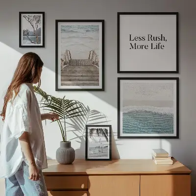 Conjunto de 5 quadros decorativos com tema de praias e vista para o mar