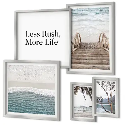 Conjunto de 5 quadros decorativos com tema de praias e vista para o mar