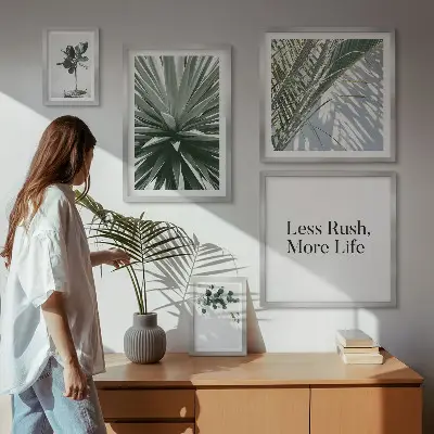 Galeria de parede com decoração moderna de folhas verdes