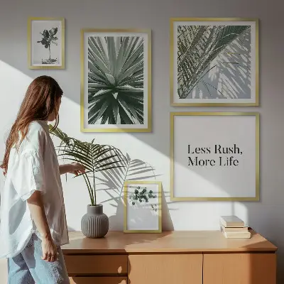 Galeria de parede com decoração moderna de folhas verdes
